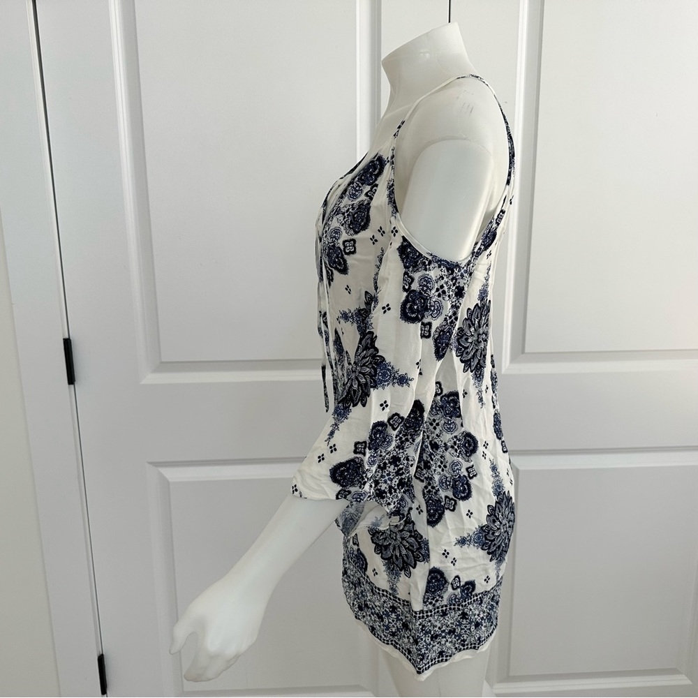 Blue & White Floral Paisley Print Boho Festival Cutout Dress - Picture 14 of 17
